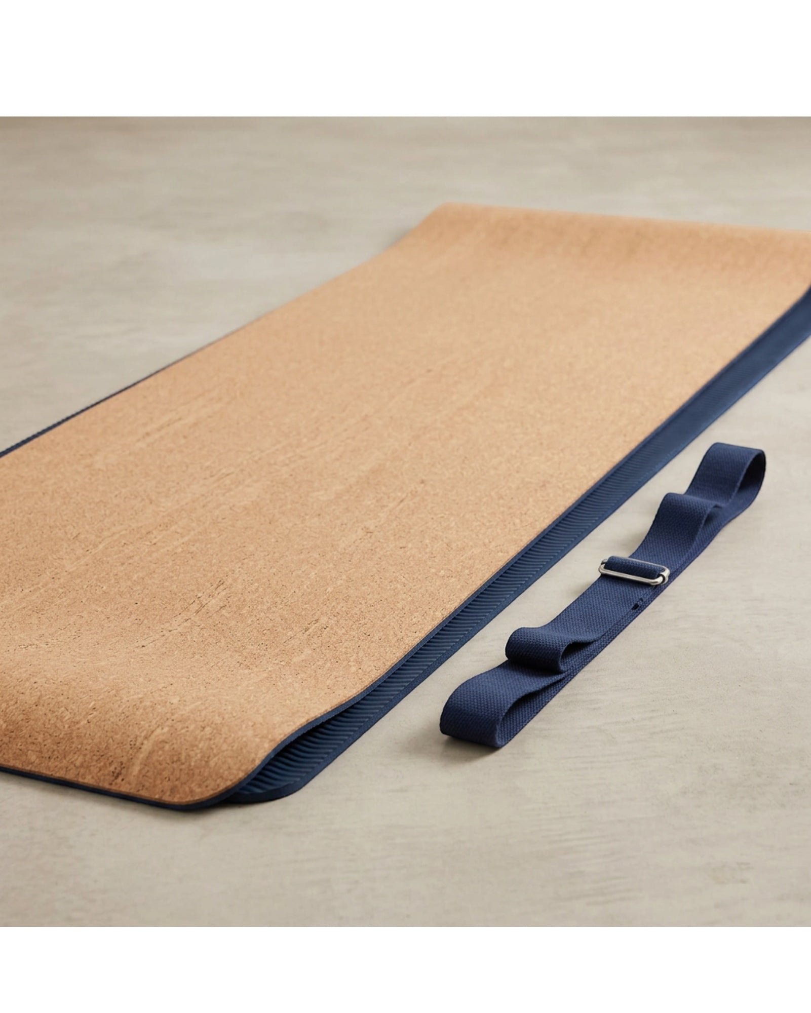 Livura Corkcrest Cork Rubber Yoga Mat 5 mm Natural Navy with Cotton Strap - Lifestyle view