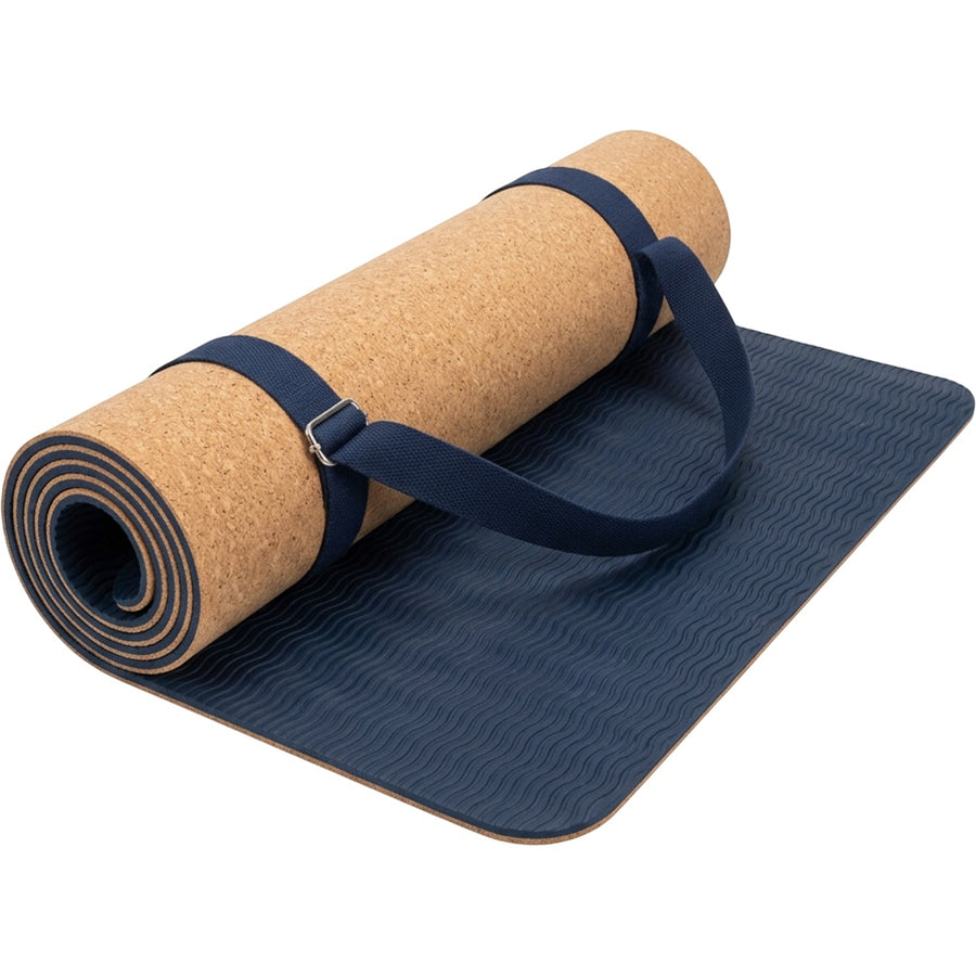 Livura Corkcrest Cork Rubber Yoga Mat 5 mm Natural Navy with Cotton Strap