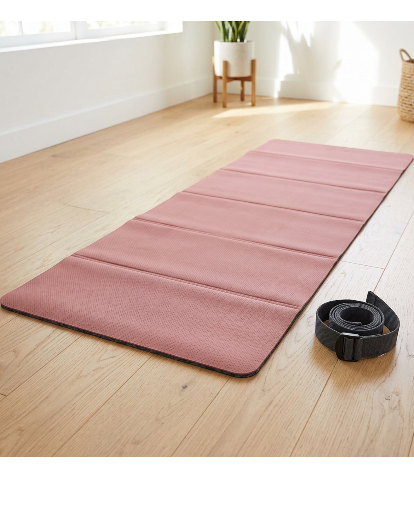 Livura Foldpath POE Travel Yoga Mat 4 mm Dusty Rose with Webbing Strap - Lifestyle view