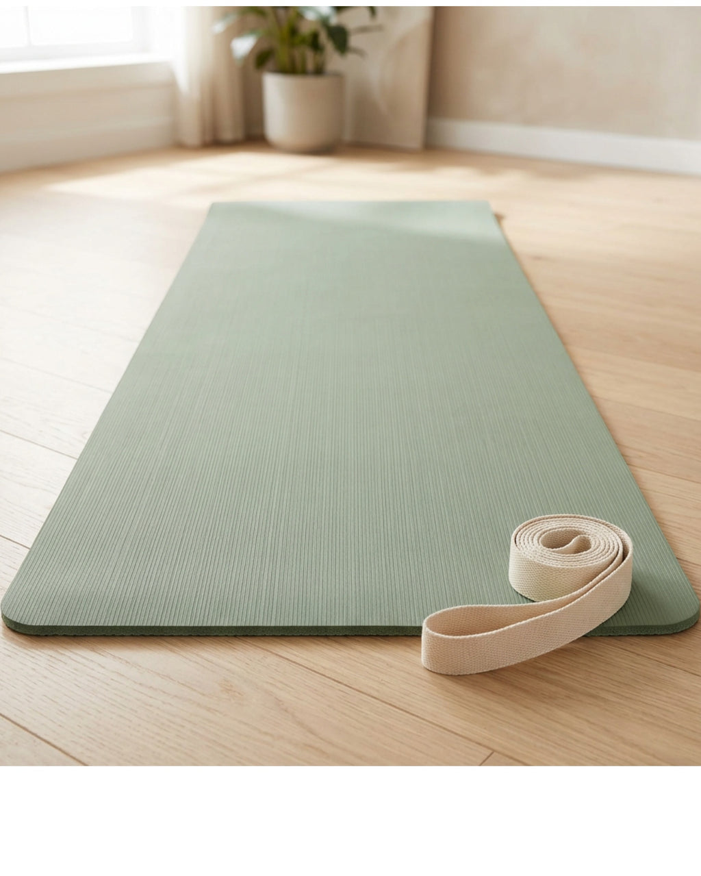 Livura Groundline Dual-Layer TPE Yoga Mat 6 mm Sage with Cotton Strap - Lifestyle view